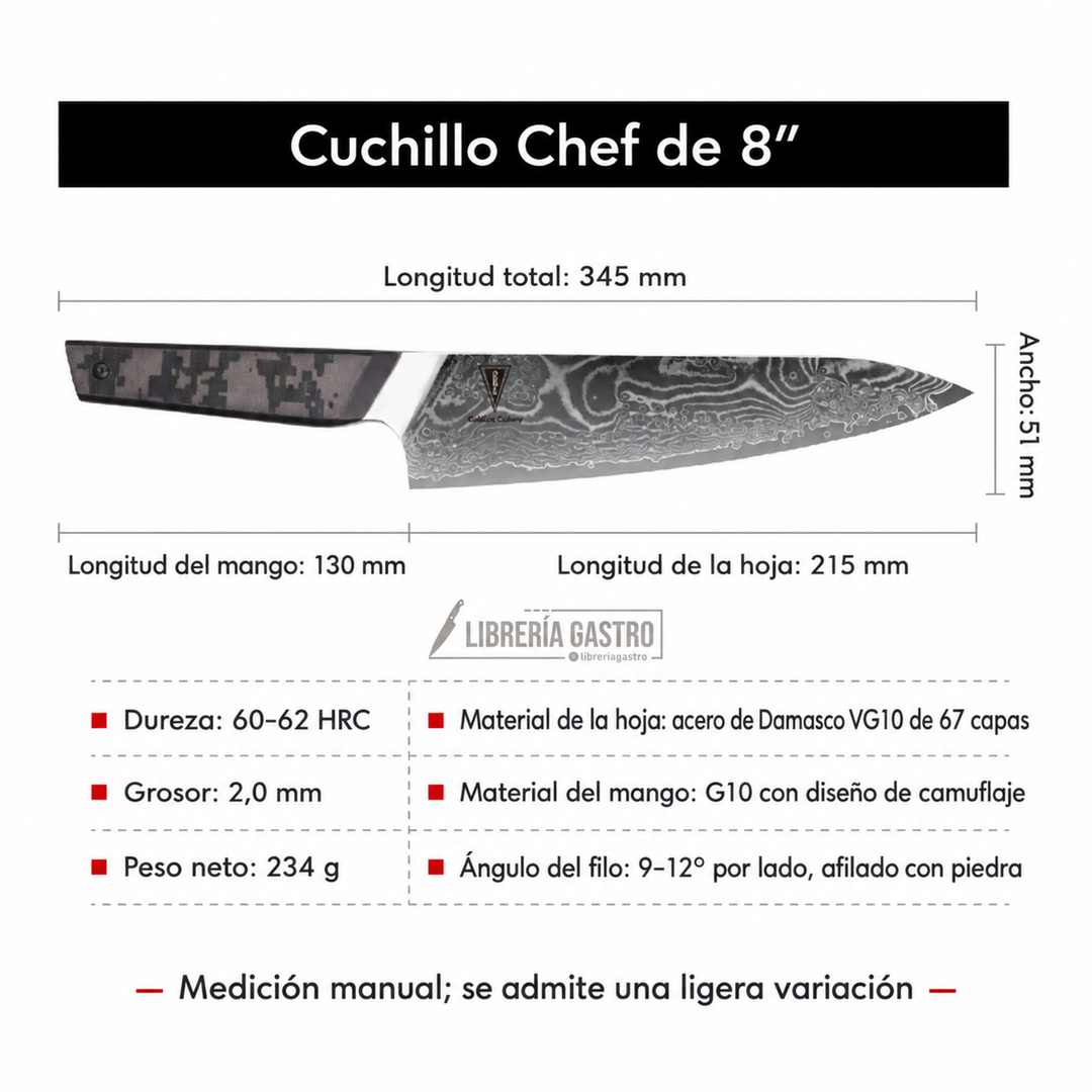Cuchillo Chef #8 “Centinela” – Damasco 67 capas, núcleo 10Cr.