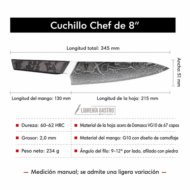 Cuchillo Chef #8 “Centinela” – Damasco 67 capas, núcleo 10Cr.
