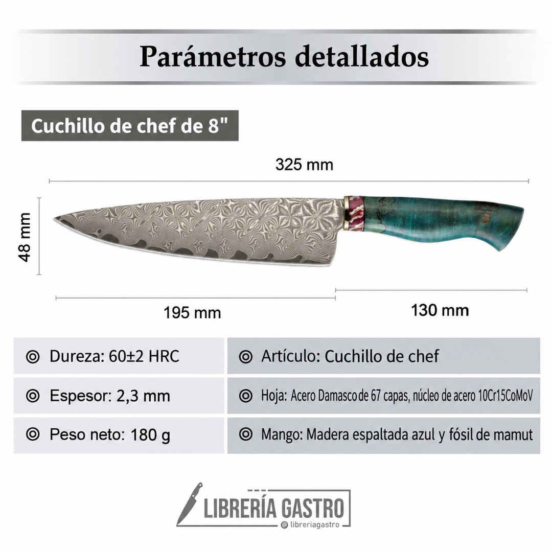 Cuchillo CHEF #8 “ATLÁNTIDA” – Acero Damasco 10Cr de 67 Capas