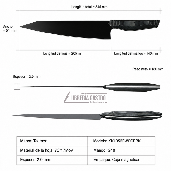 Cuchillo Kiritsuke 8″ – Acero 440C con Titanio Negro