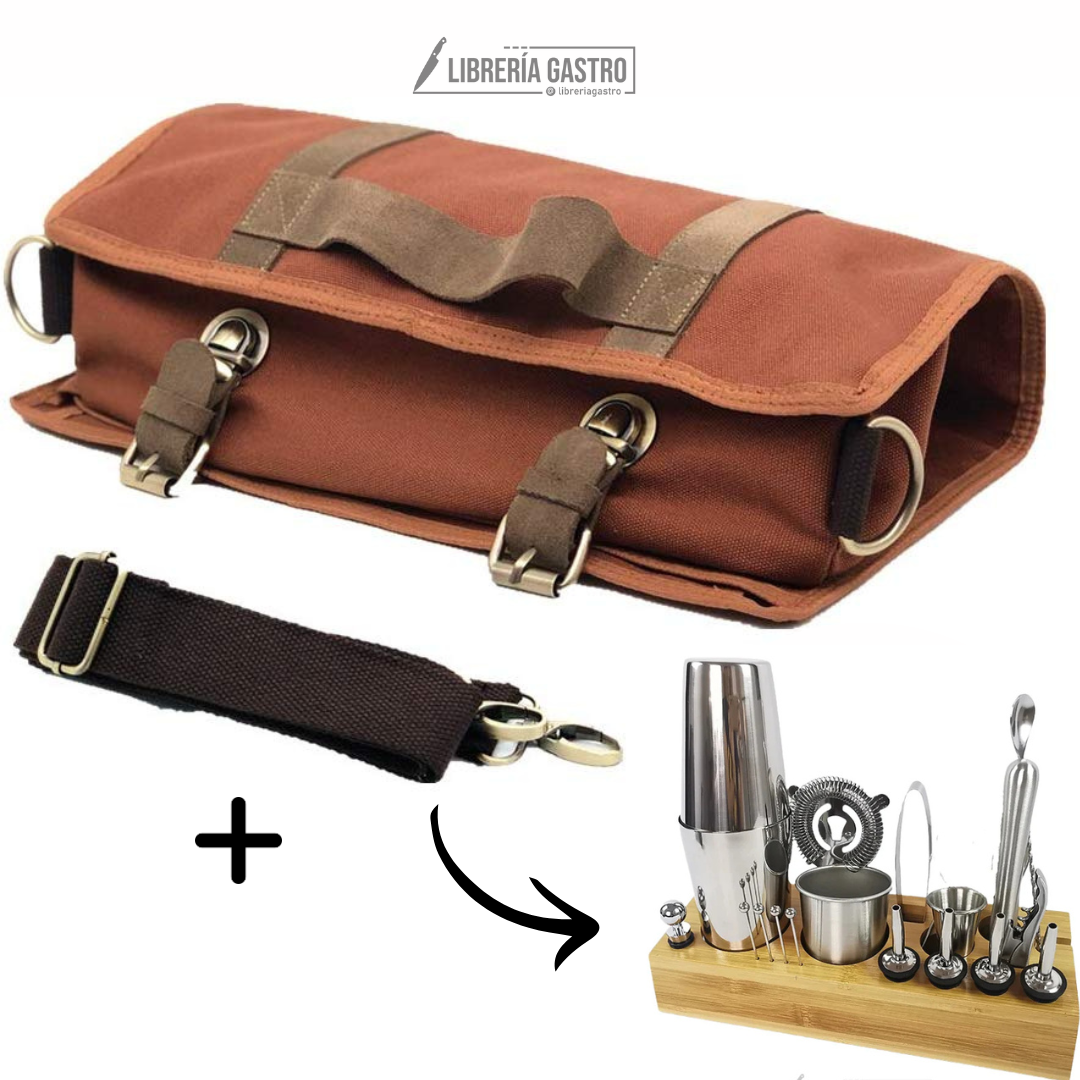 BOLSA BARTENDER + Kit para Coctelería de 19 piezas con Base.