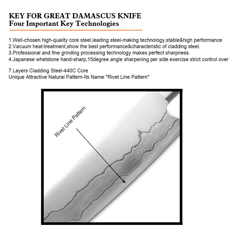 Cuchillo Chef Gyuto Chef #8, Acero Damasco 440C, estilo Japones.