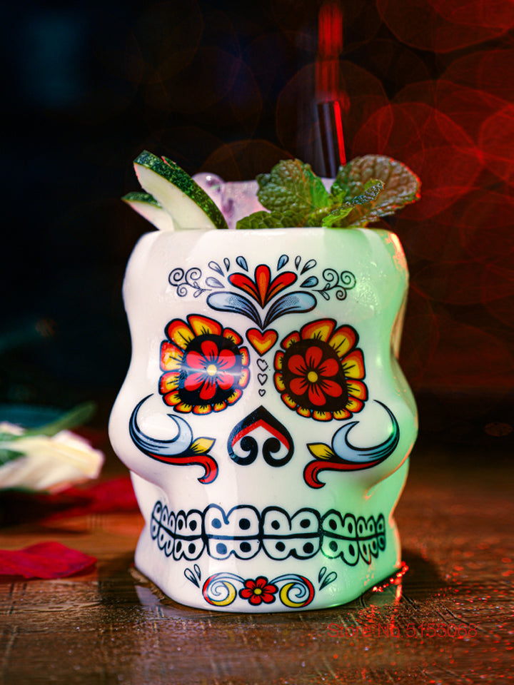 Soul-taza Tiki de cerámica con forma de calavera y flores 450ml, recipiente Molecular para cóctel, Hotel americano.