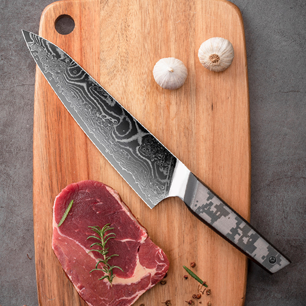 Cuchillo Chef #8 “Centinela” – Damasco 67 capas, núcleo 10Cr.