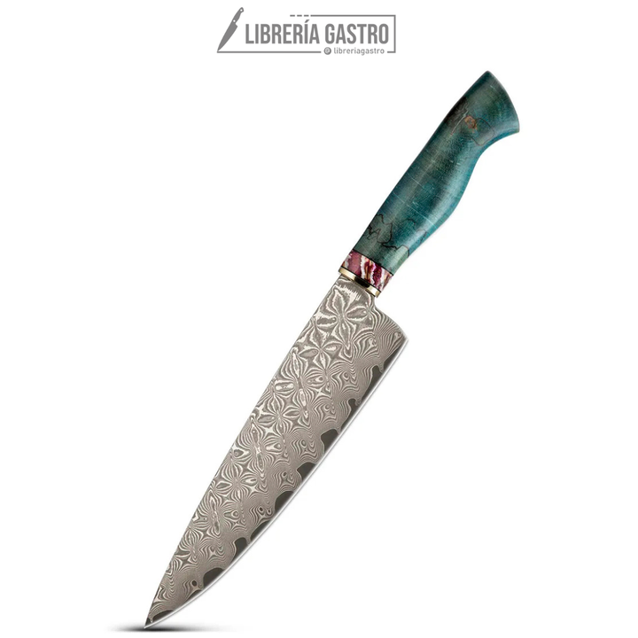 Cuchillo Chef #8 Acero Damasco 67 capas "VG10". Mango de Madera de Mamut Azul