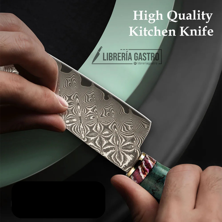 Cuchillo Chef #8 Acero Damasco 67 capas "VG10". Mango de Madera de Mamut Azul
