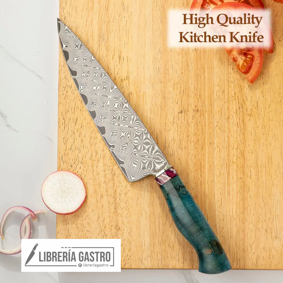 Cuchillo Chef #8 Acero Damasco 67 capas "VG10". Mango de Madera de Mamut Azul