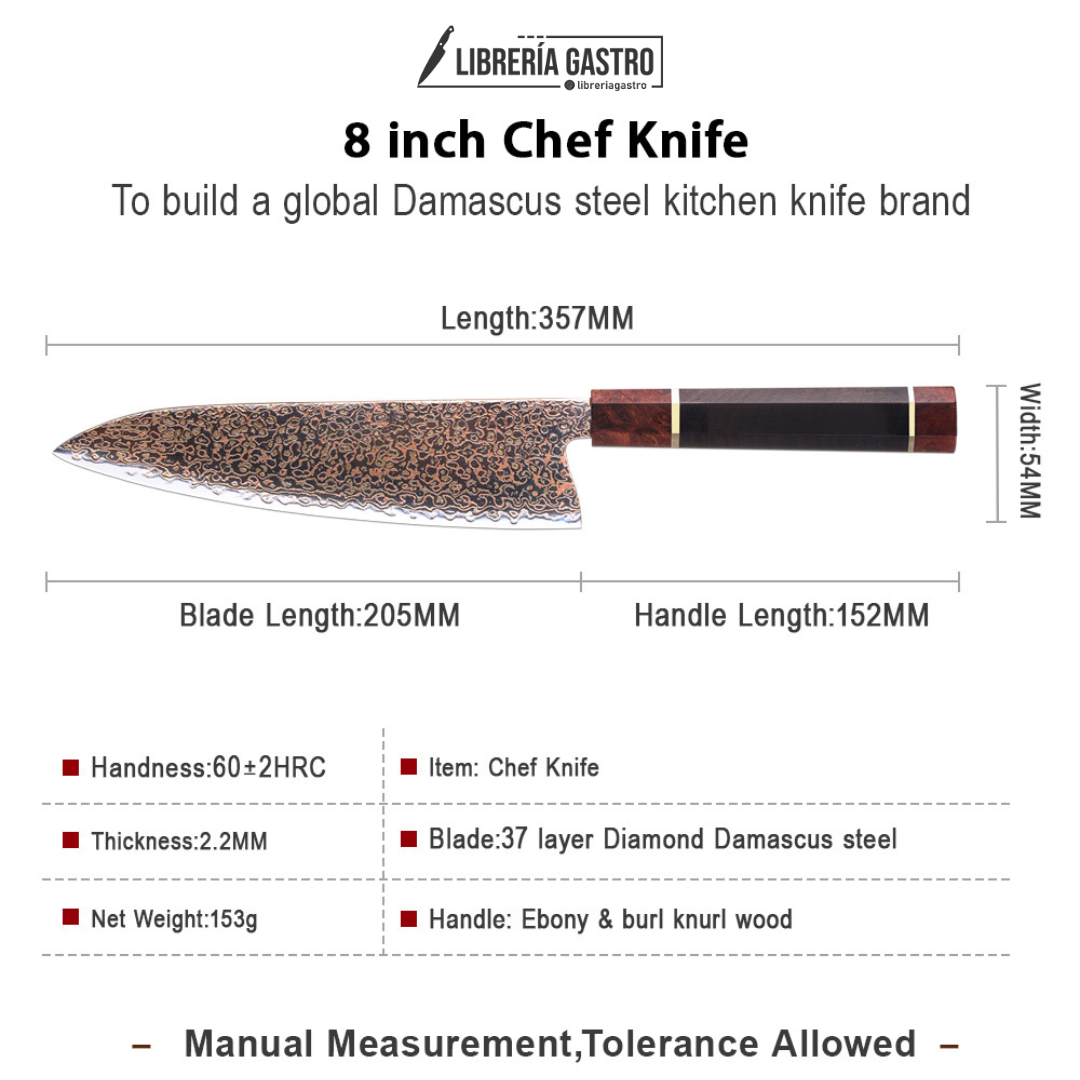 Cuchillo Chef #8 Japones, Acero Damasco 37 capas Cobre VG10