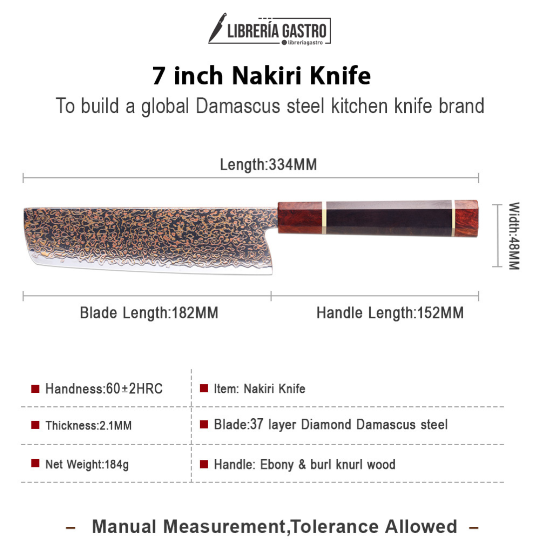 Cuchillo Nakiri #7 Japones, Acero Damasco 37 capas Cobre VG10