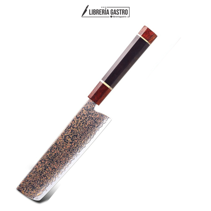 Cuchillo Nakiri #7 Japones, Acero Damasco 37 capas Cobre VG10