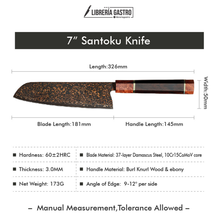 Cuchillo Santoku #7 Japones, Damasco 37 capas, núcleo 10Cr15CoMoV.