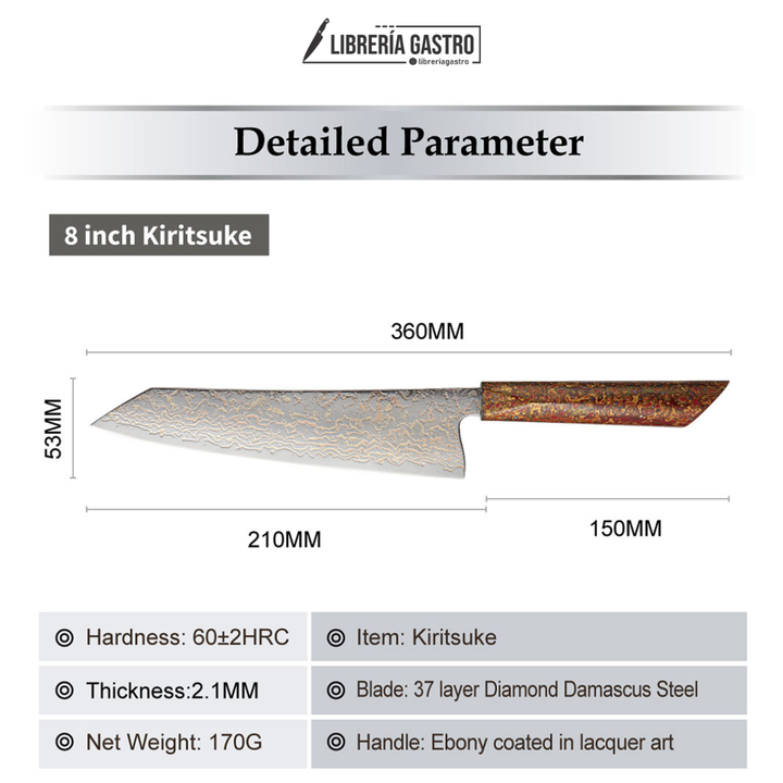 Cuchillo Kiritsuke #8 Japones, Acero damasco 37 capas de cobre VG10.