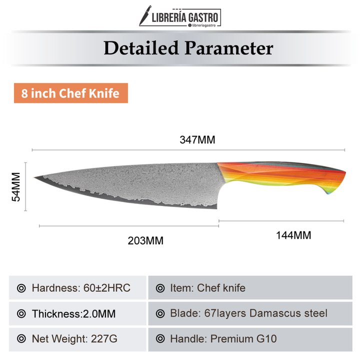 Cuchillo Chef #8 Japones, acero de Damasco de 67 capas y núcleo VG10