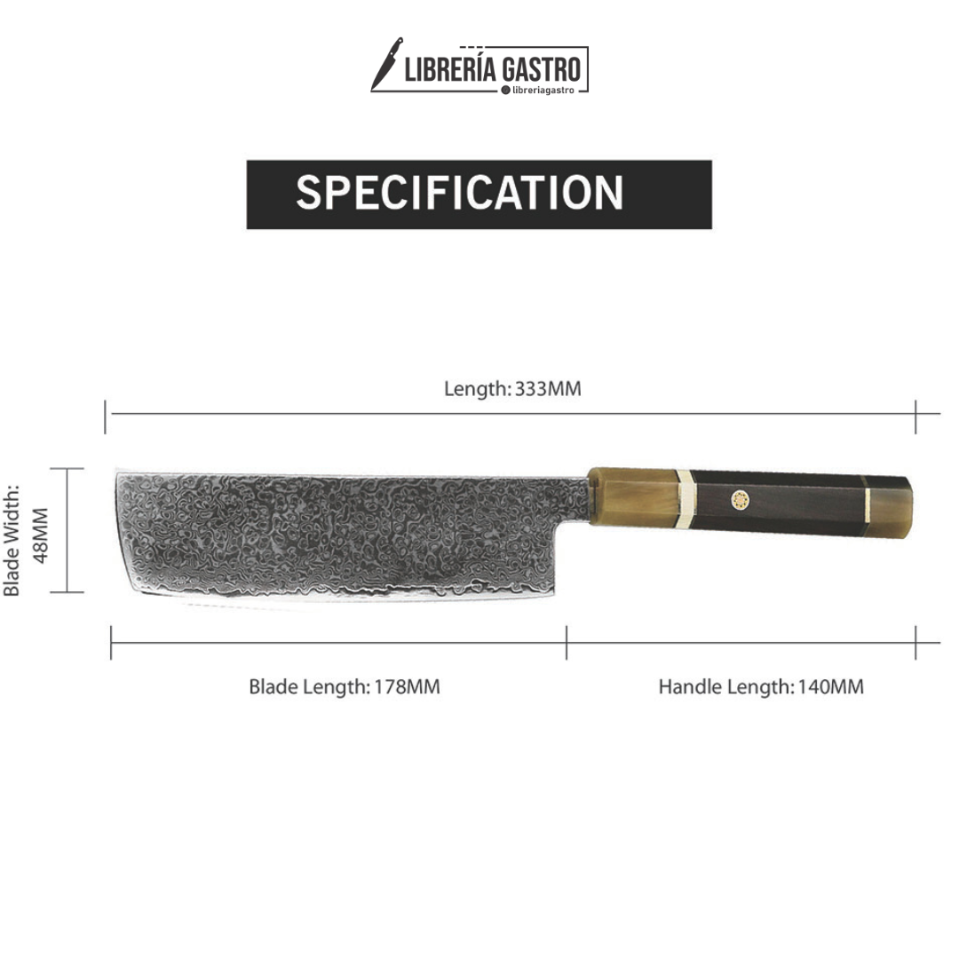 Cuchillo Buffalo Nakiri #7, Acero Damasco de 67 Capas.