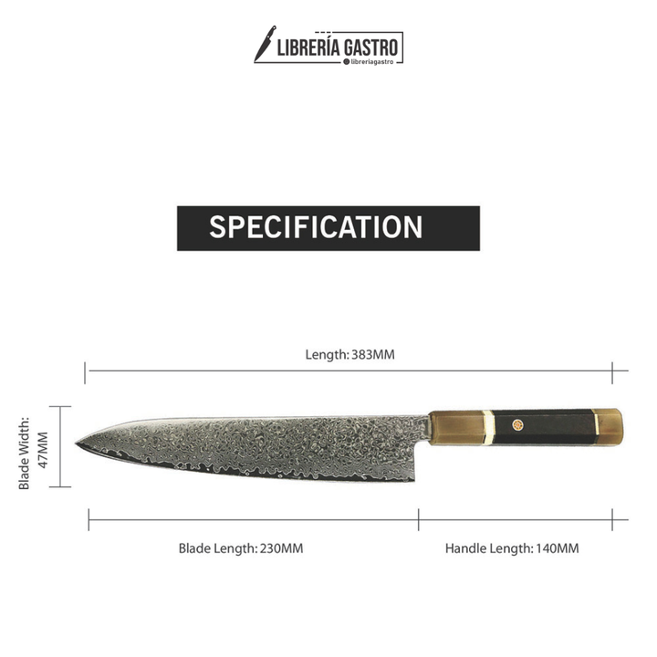 Cuchillo Buffalo Chef #8, Acero Damasco de 67 Capas.