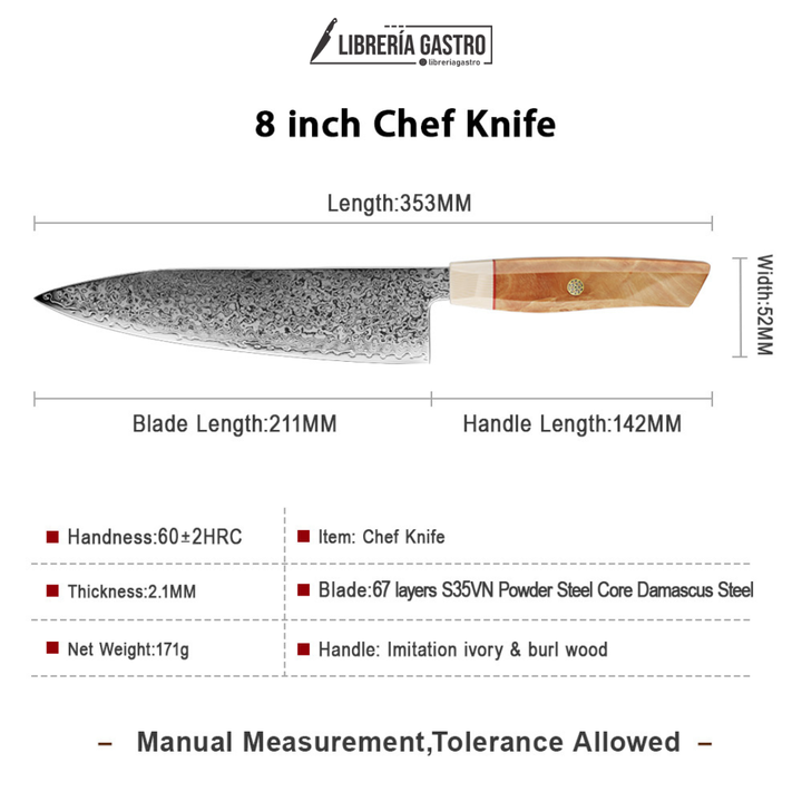 Cuchillo Chef #8, 67 capas acero Damasco, núcleo S35VN.