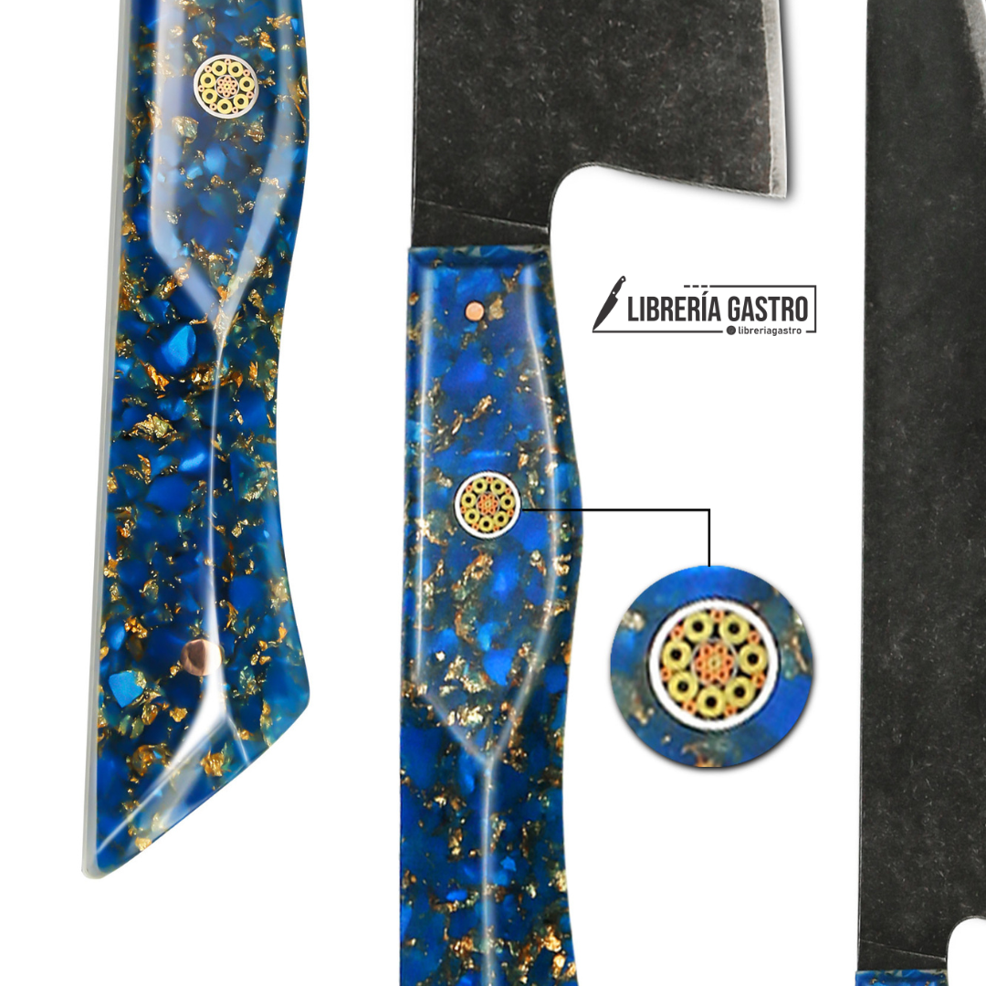 Cuchillo Chef #8,  3 capas-10Cr15MoV, Mango de Resina Azul