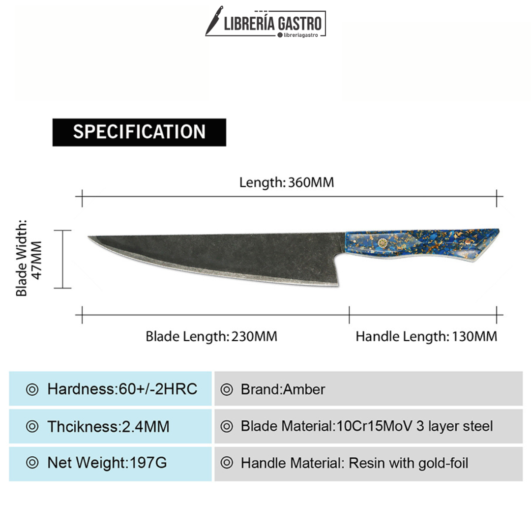 Cuchillo Chef #8,  3 capas-10Cr15MoV, Mango de Resina Azul