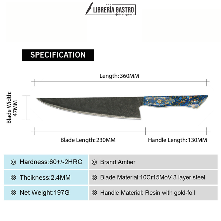 Cuchillo Chef #8,  3 capas-10Cr15MoV, Mango de Resina Azul