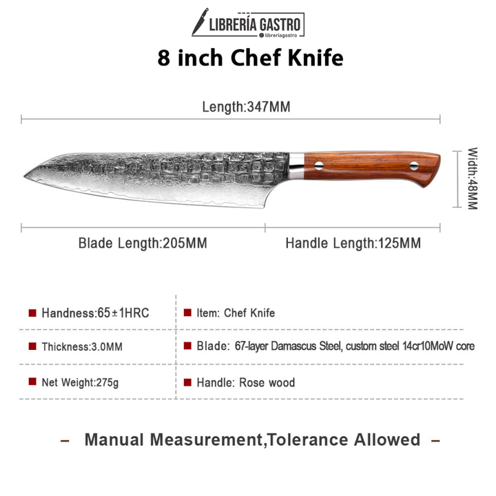 Cuchillo Chef #8 Japones, 67 capas de acero Damasco forjado