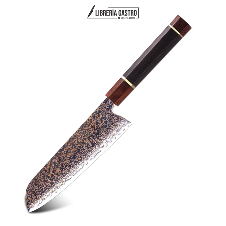 Cuchillo Santoku #7 Japones, Acero Damasco 37 capas Cobre VG10