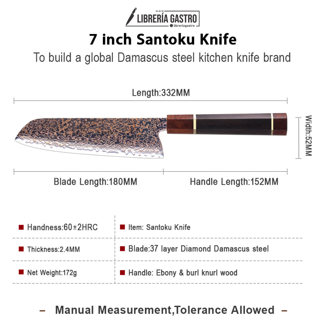 Cuchillo Santoku #7 Japones, Acero Damasco 37 capas Cobre VG10