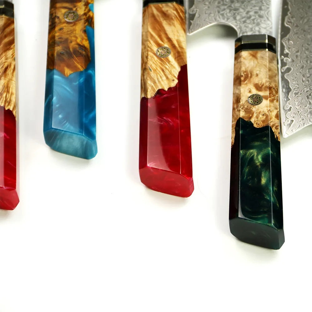 Cuchillo #7 Santoku con mango de resina, acero damasco 67 capas japonés VG10.