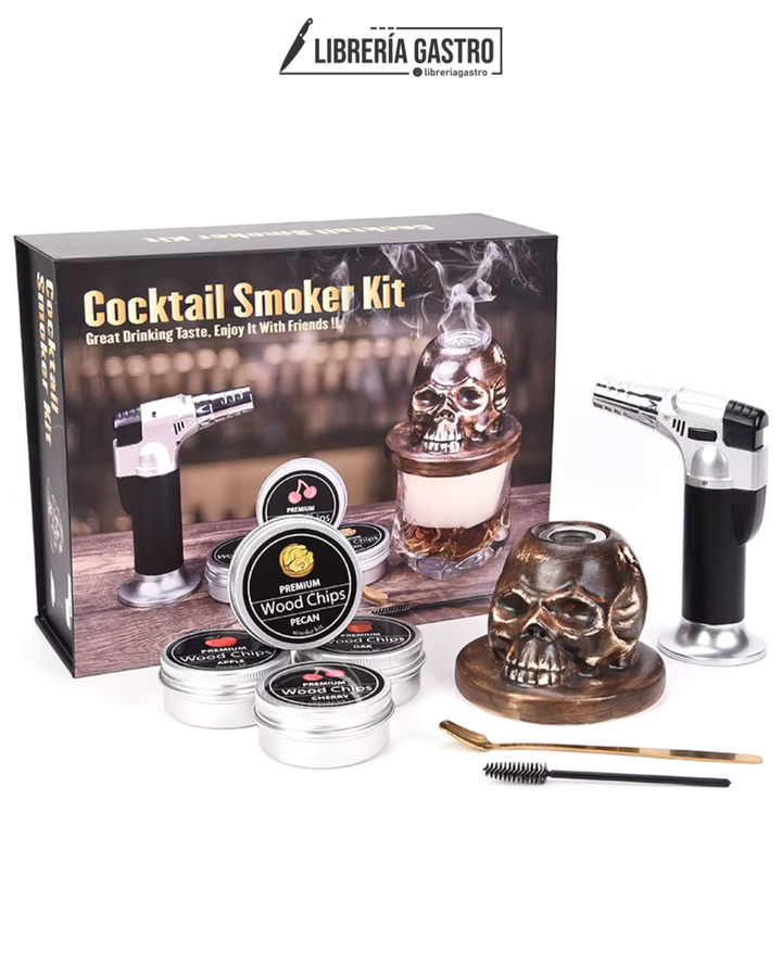 Kit Ahumador SKULL Arcilla de whisky bourbon, con 4 chips de madera y soplete.