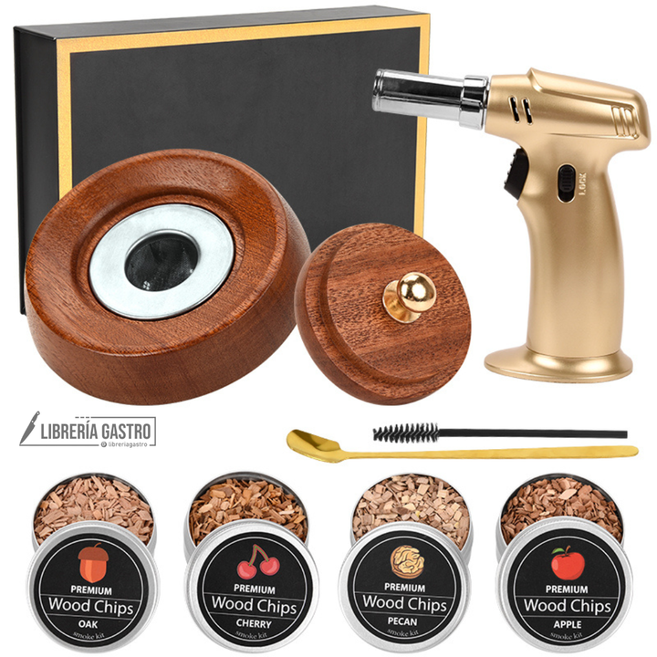Kit Premium Gold,  ahumador con soplete Gold y 4 chips de leña.