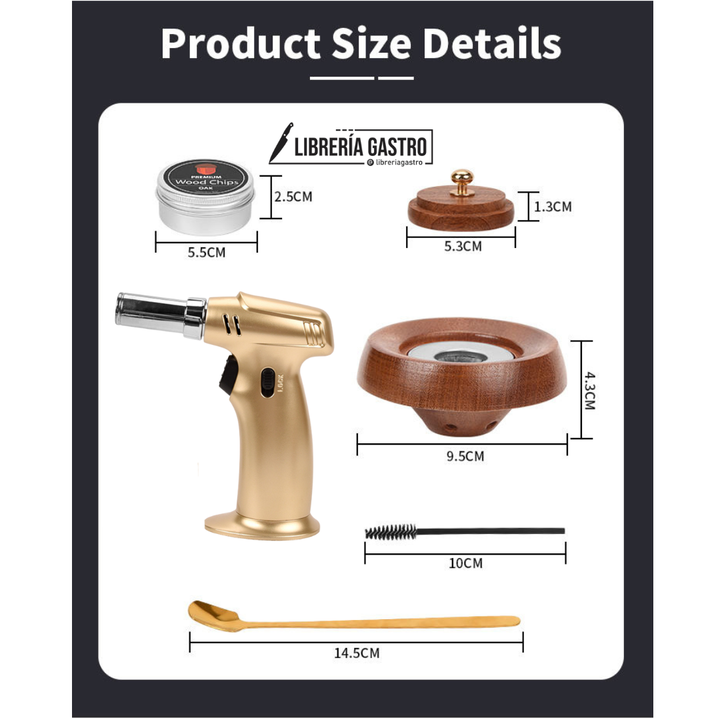 Kit Premium Gold,  ahumador con soplete Gold y 4 chips de leña.