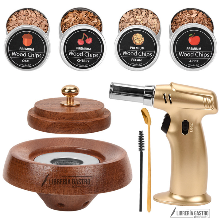 Kit Premium Gold,  ahumador con soplete Gold y 4 chips de leña.