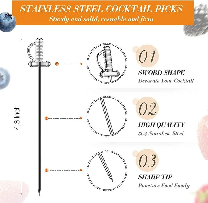 Palillos Espada de acero inoxidable para cóctel, 5 piezas.