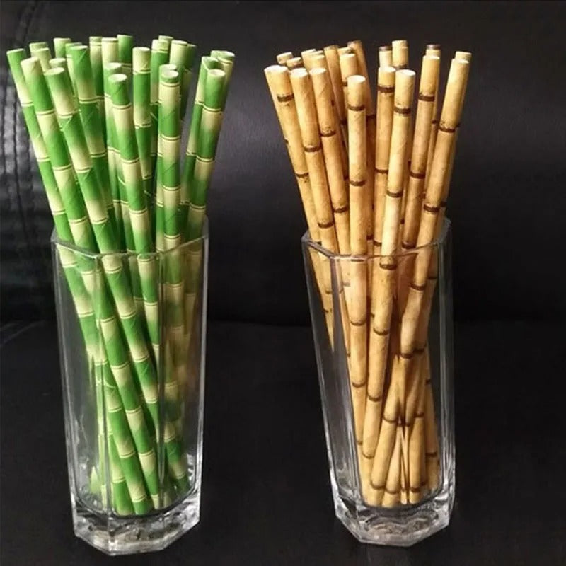 Pajitas de papel con patrón de bambú verde 50 unidades.