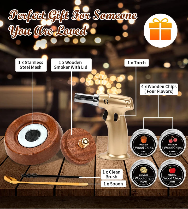 Kit Premium Gold,  ahumador con soplete Gold y 4 chips de leña.