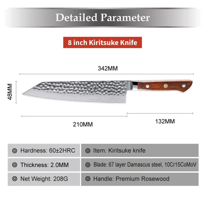 Cuchillo Kiritsuke #8 profesional, acero Damasco 67 capas.