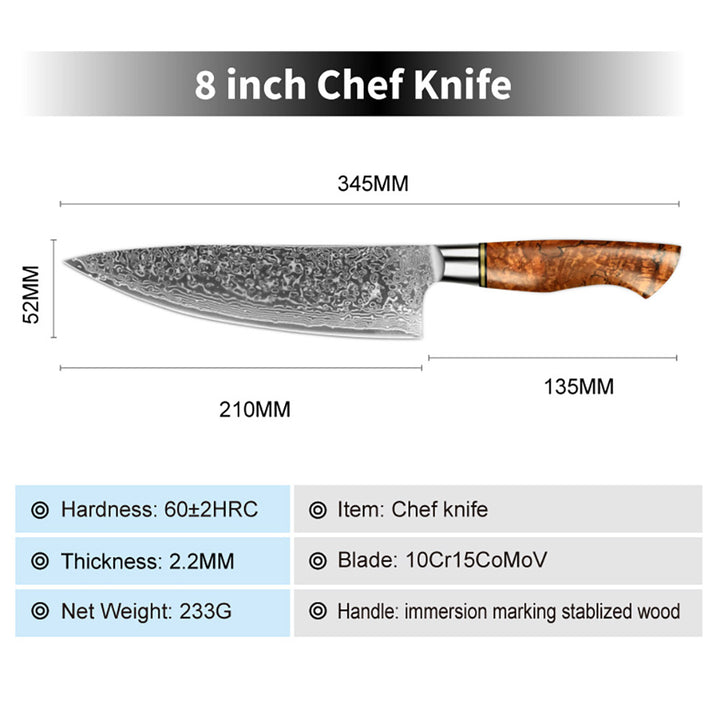 Cuchillo de chef 8", acero damasco de 67 capas