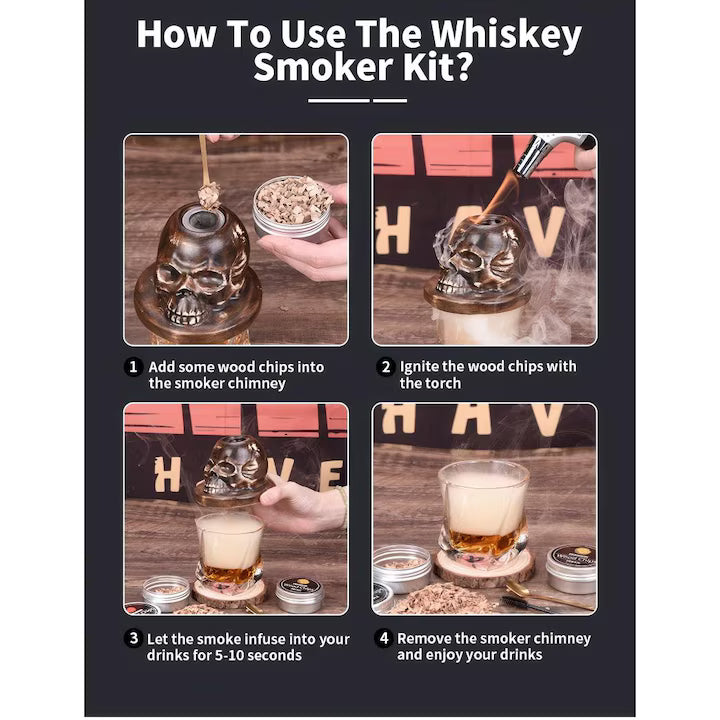 Kit Ahumador SKULL Arcilla de whisky bourbon, con 4 chips de madera y soplete.