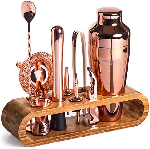 Kit de barman de 10 piezas con elegante soporte de bambú | Kit de barman perfecto para el hogar y coctelera Martini en cobre.