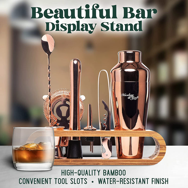 Kit de barman de 10 piezas con elegante soporte de bambú | Kit de barman perfecto para el hogar y coctelera Martini en cobre.