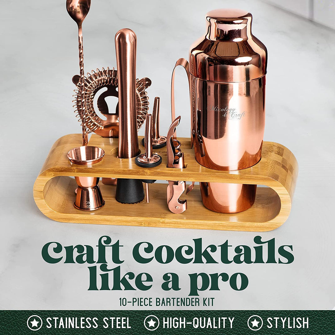 Kit de barman de 10 piezas con elegante soporte de bambú | Kit de barman perfecto para el hogar y coctelera Martini en cobre.