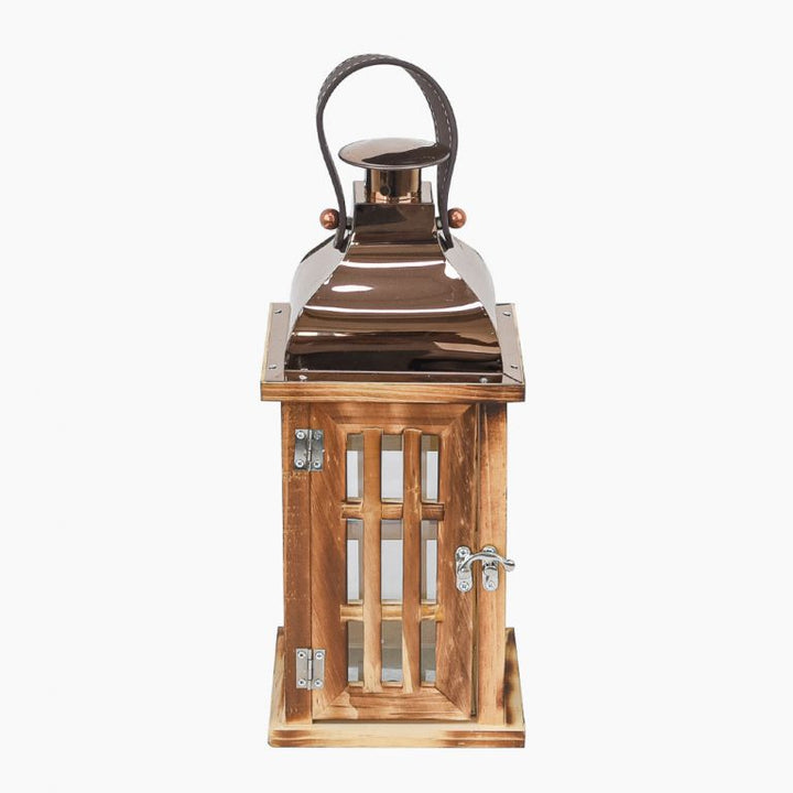 Farol de madera con láminas de vidrio – madera vintage y parte superior de metal.