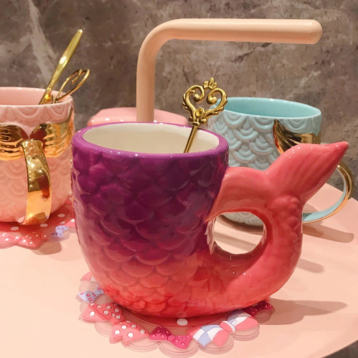 Taza creativa de sirena con mango dorado, cerámica, regalo para cumpleaños y boda, 380 ml