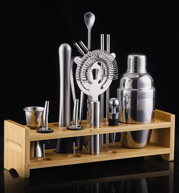 kit 11pzs de camareros, agitadores de bebidas de acero inox con soporte de madera.