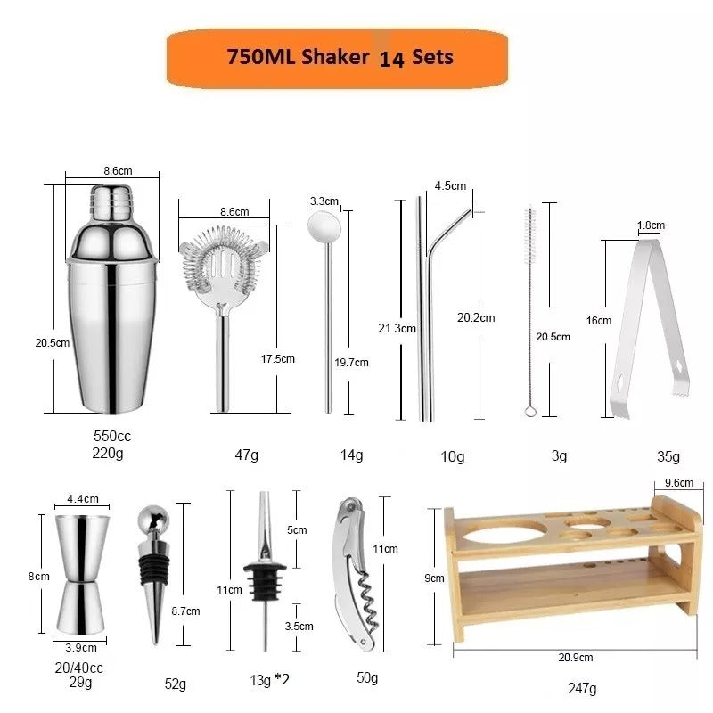 kit 11pzs de camareros, agitadores de bebidas de acero inox con soporte de madera.