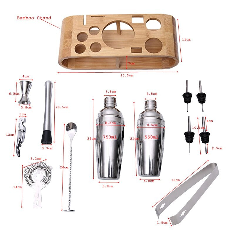 Kit bar de 12pzs, con estante de Madera 750 ml,